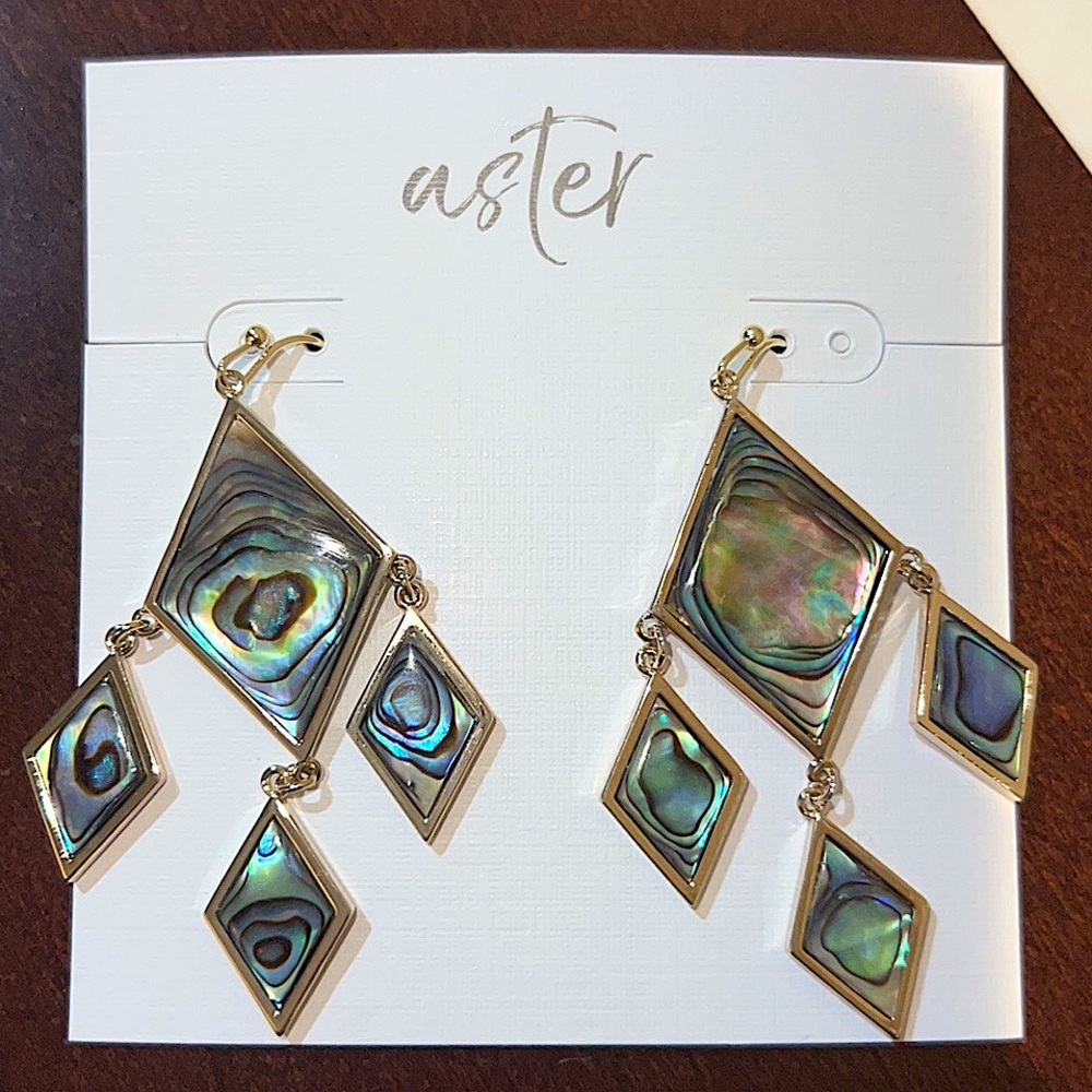 NWT ROCKSBOX Aster Cress Drop Large Dangle Earrings Gold Diamond Shaped Abalone